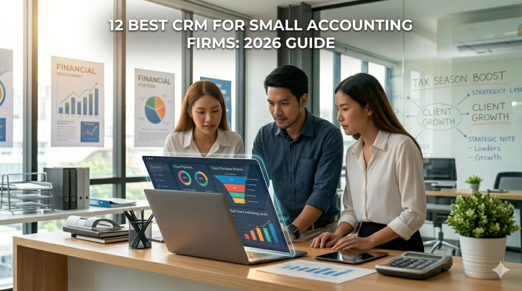 A modern accounting team gathers around a counter, looking at a visual CRM dashboard with client purchase history and fundraising data.