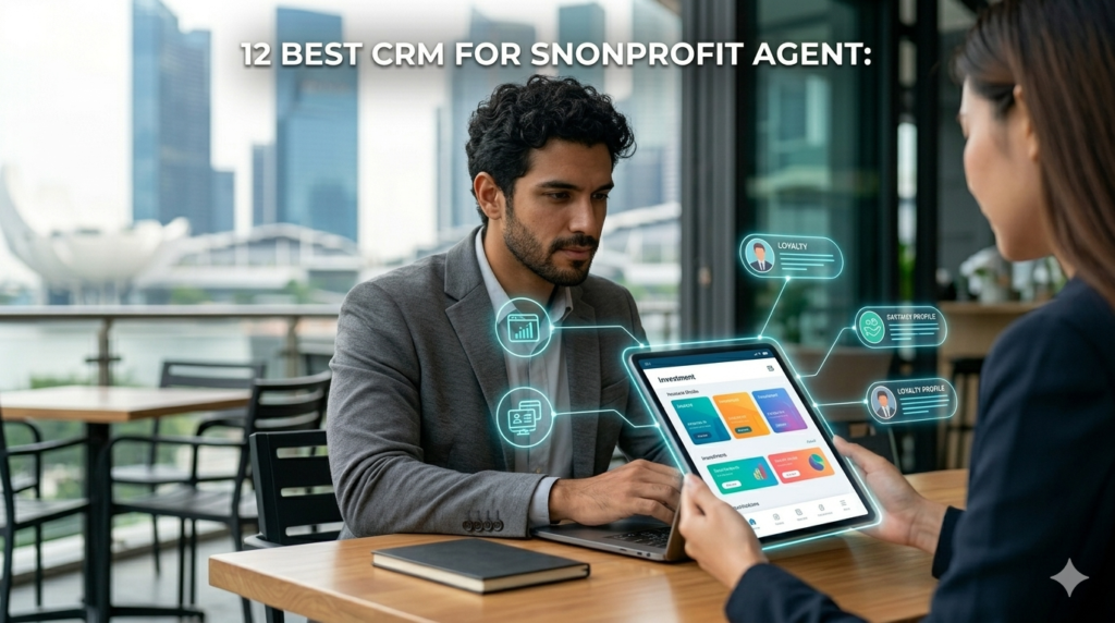 A modern male agent tracks investment data on a glowing CRM tablet in 2026.