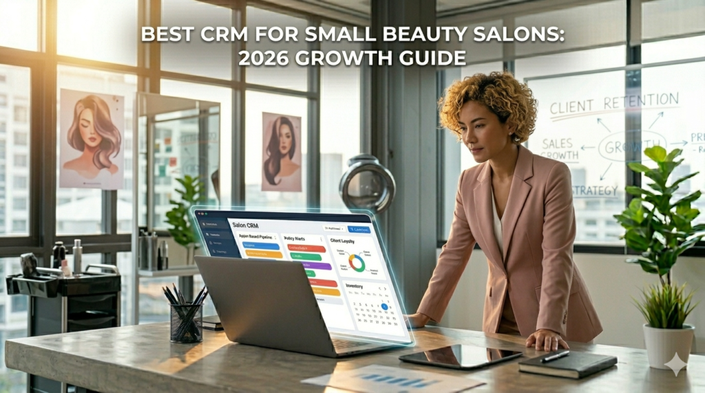 A modern curly-haired salon owner stands at a desk analyzing client data on a glowing CRM dashboard in 2026.