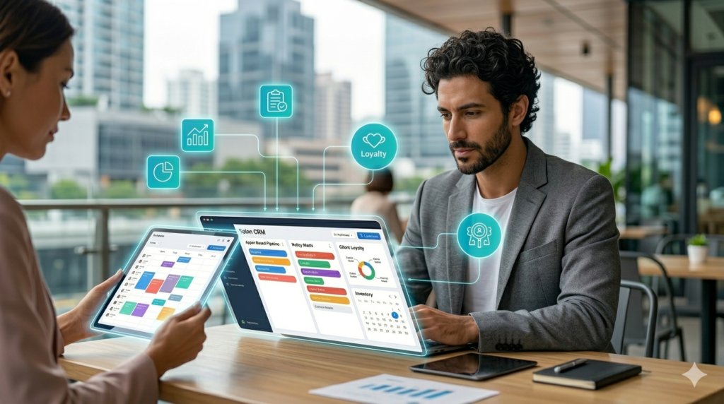 A modern male agent tracks beauty appointment data on a glowing CRM tablet in 2026.