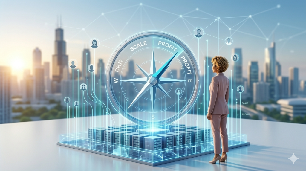 A modern curly-haired salon owner stands at a desk, looking at a visionary growth compass in a safe office.