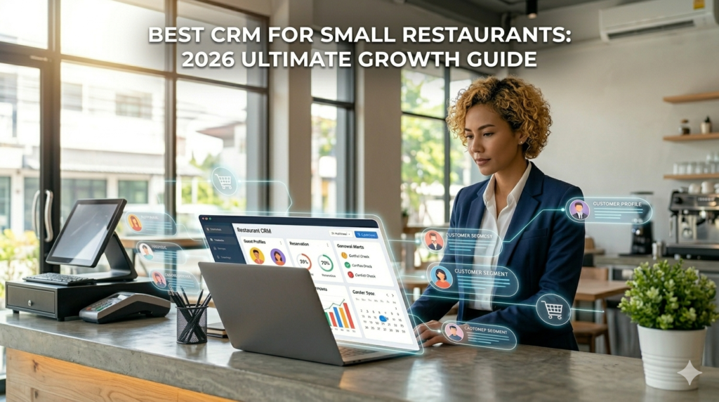 A modern curly-haired restaurant owner stands at a desk analyzing client data on a glowing CRM dashboard in 2026.