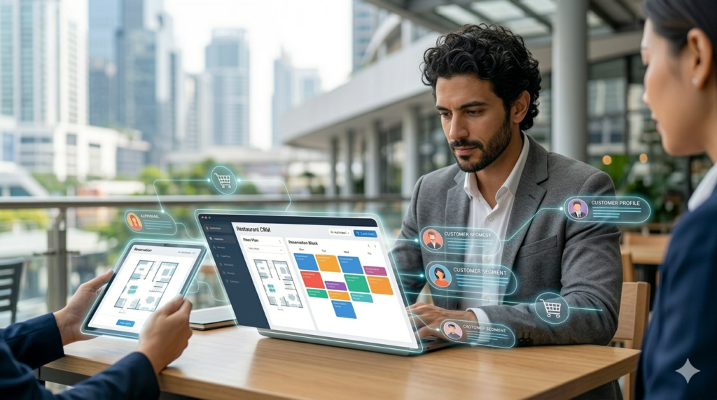 A modern male agent tracks restaurant reservation data on a glowing CRM tablet in 2026.