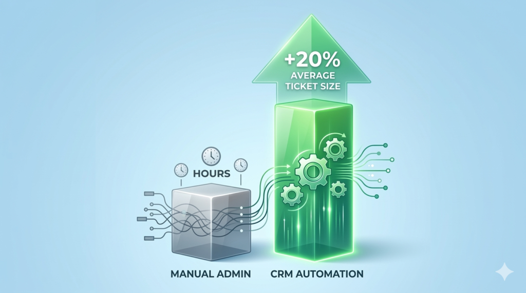 Chart comparing ticket size growth with and without CRM automation for small home services.