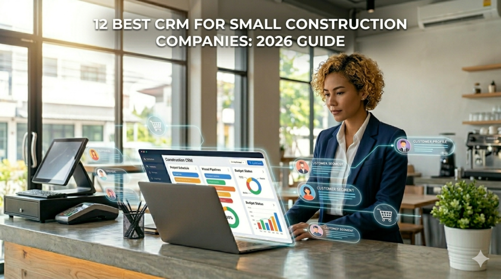 A modern curly-haired female dispatcher stands at a desk analyzing client data on a glowing CRM dashboard in 2026.