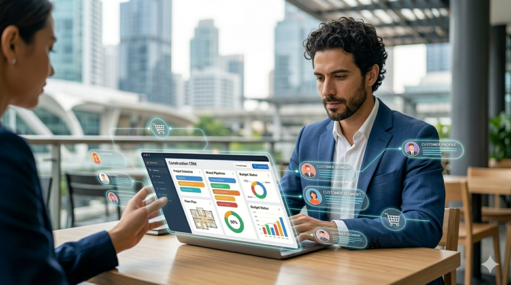 A modern male project manager tracks construction scheduling data on a glowing CRM tablet in 2026.