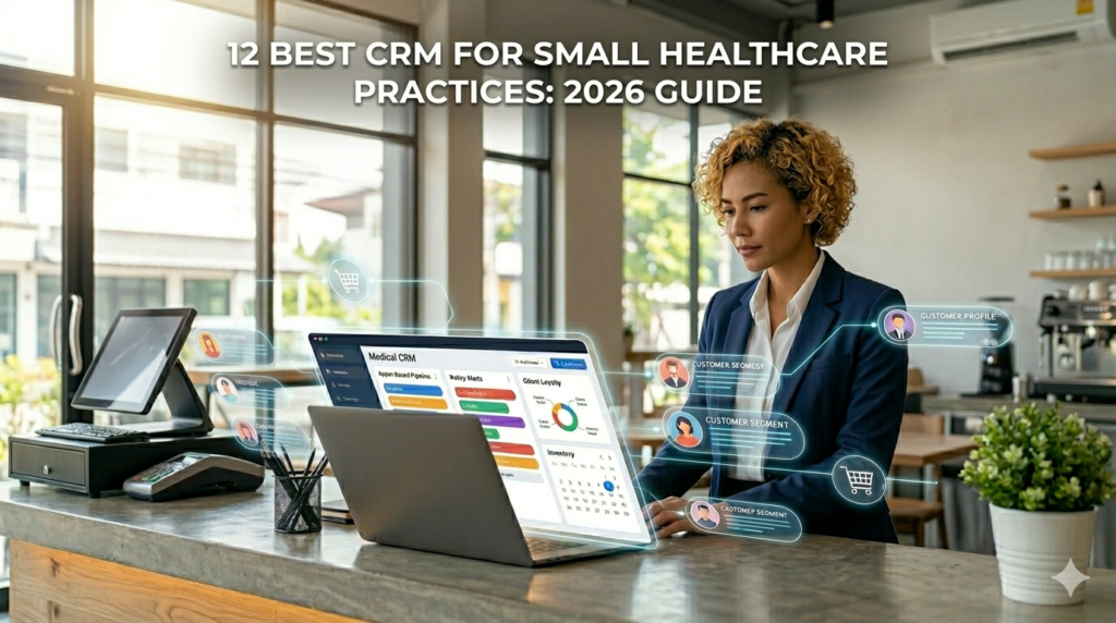 A modern curly-haired female clinic owner stands at a desk analyzing patient data on a glowing CRM dashboard in 2026.