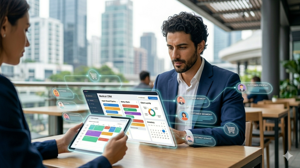 A modern male agent tracks medical appointment data on a glowing CRM tablet in 2026.