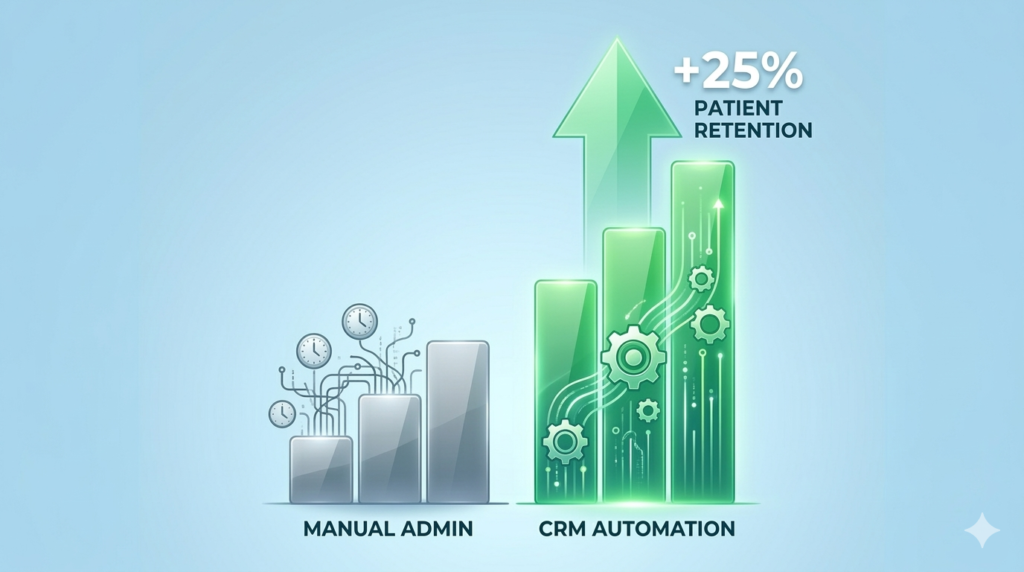 A modern medical manager stands at a desk analyzing financial growth charts in a safe office.