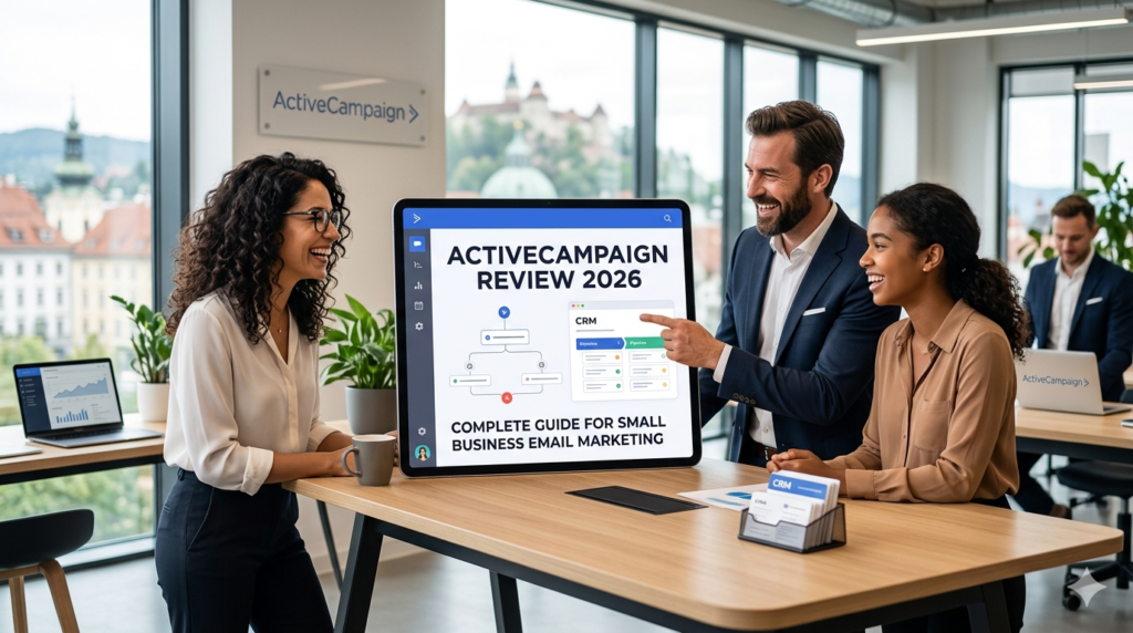 Smiling business professionals reviewing email automation flowcharts on a large digital screen with the title ActiveCampaign Review 2026 in a modern and bright office
