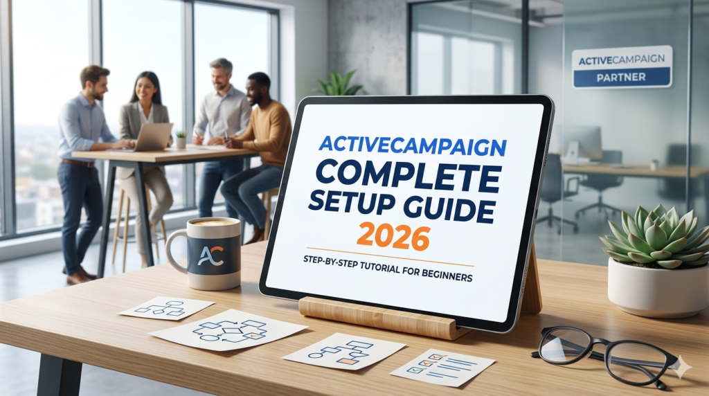 A tablet on a wooden desk showing the ActiveCampaign Complete Setup Guide 2026 title with a team of professionals working in a bright modern office background

